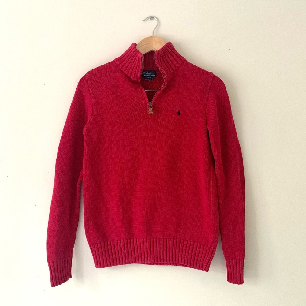 Polo Ralph Lauren Vintage red knit sweater with embroidered logo and leather zip